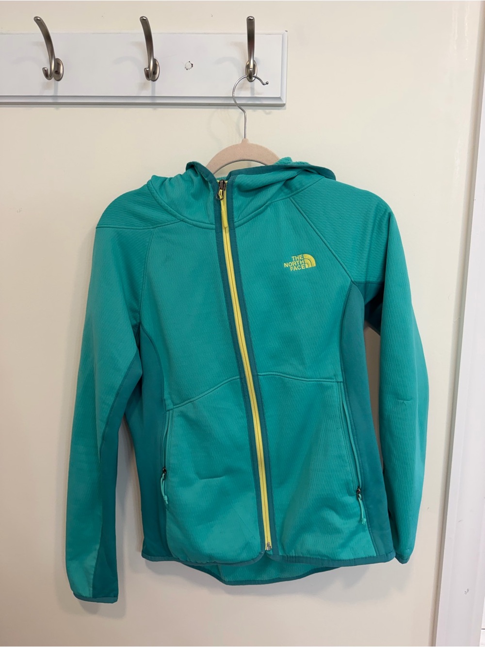 The North Face Women's Teal Hooded Jacket with Yellow Zip